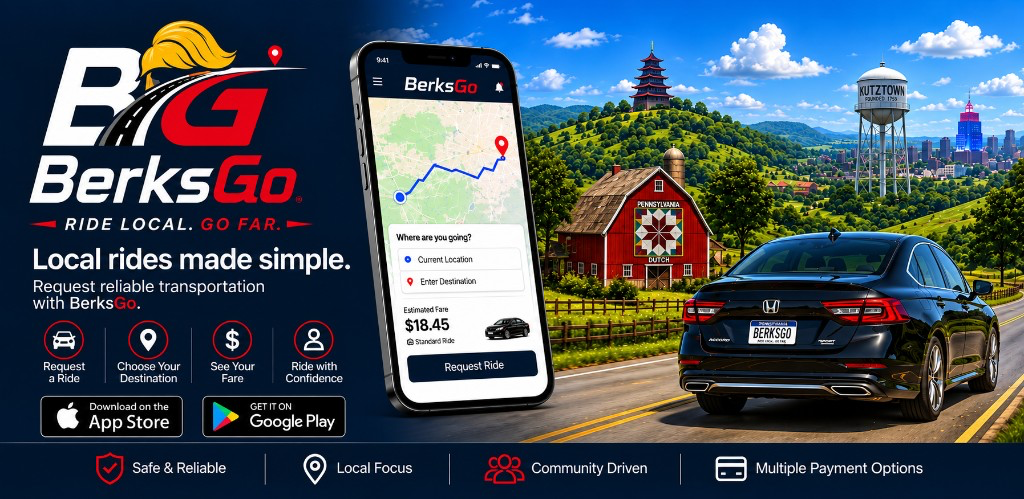 BerksGo promotional graphic featuring the app, local Berks County landmarks, and ride-request features